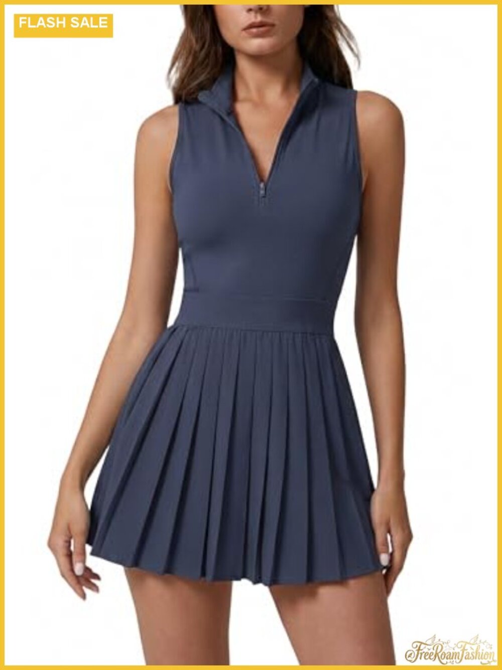 Women's Zip Front Tennis Dress High Neck Pleated Sleeveless 2-Piece with Pockets